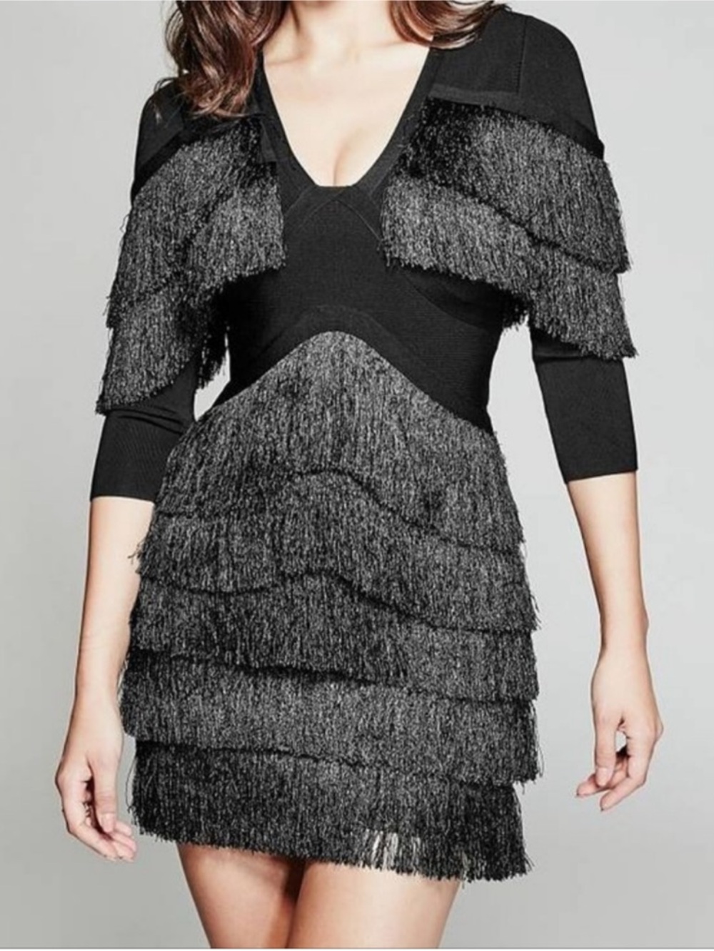 NWT Marciano Jaquel Bandage Fringe Detail Bodycon Black Mini Dress